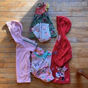 Lot of six 4T girl’s clothes - Matilda Jane tunic, 2 dresses, capris, and pjs